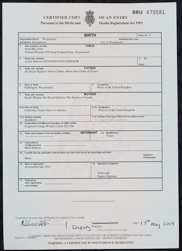 The birth certificate of Archie Harrison Mountbatten-Windsor 