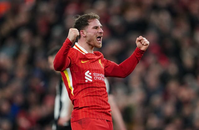 Liverpool’s Alexis Mac Allister celebrates after scoring the second goal in a 2-0 Premier League win over Newcastle