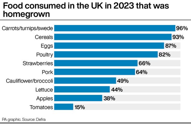 Graphic showing food consumed in the UK in 2023 that was homegrown