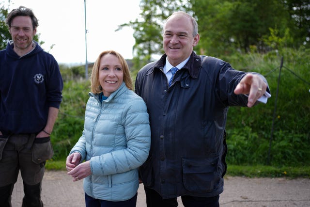 North Shropshire MP Helen Morgan and Liberal Democrat leader Sir Ed Davey during a visit to Treflach Farm in Shropshire 