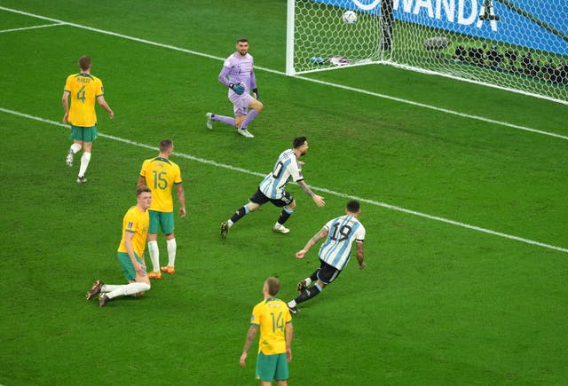 Messi, centre, celebrates after firing Argentina into a first-half lead against Australia 