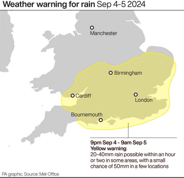 A map showing the area of the weather warning for rain Sep 4-5 2024