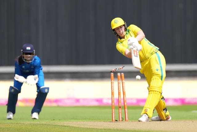 Australia’s Tahlia McGrath is bowled by India’s Renuka Singh Thakur 