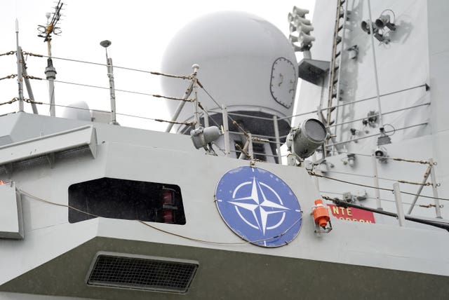 A view of the Nato emblem on the side of the ESPS Almirante Juan de Borbon berthed at the Port of Southampton
