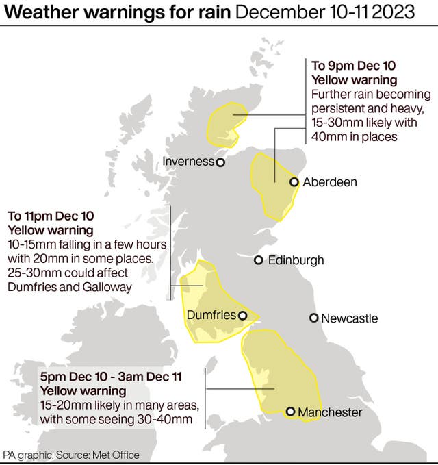 Weather warnings for rain December 10-11 2023