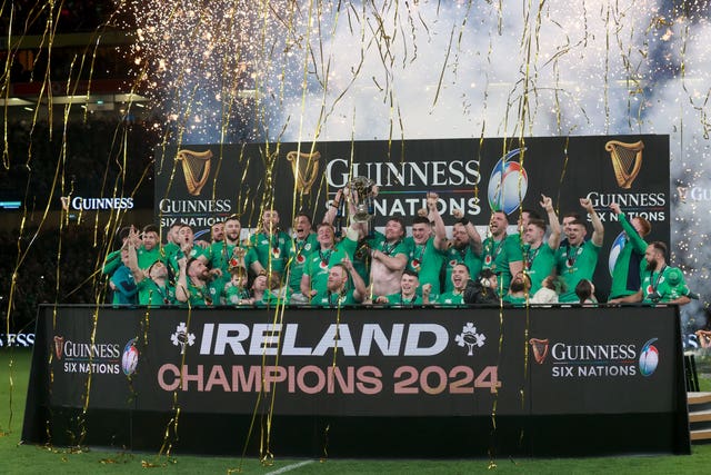 Ireland’s Peter O’Mahony lifts the Guinness Six Nations trophy in 2024