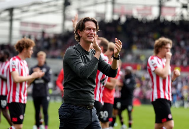 Brentford manager Thomas Frank applauds the fans