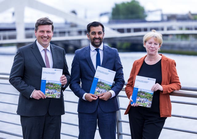 Independence minister Jamie Hepburn, First Minister Humza Yousaf and Deputy First Minister Shona Robison at the launch of the prospectus