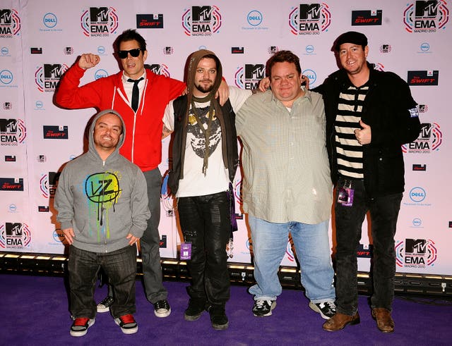 (left to right) Jason ‘Wee-Man’ Acuna, Johnny Knoxville, Bam Margera, Preston Lacy and Ehren McGhehey of Jackass arriving for the 2010 MTV Europe Music Awards, at the Caja Magica, Manzanares Park, Madrid, Spain.