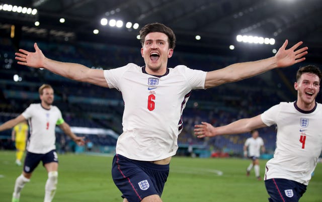 Maguire celebrates heading England's second goal in their win against Ukraine in Rome