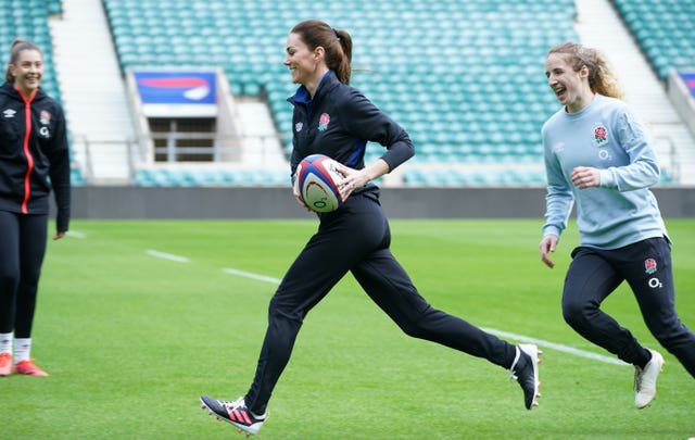 The Duchess of Cambridge (centre), plays rugby (Yui Mok/PA)