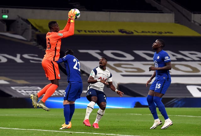 Edouard Mendy takes a high ball against Tottenham