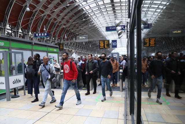 Passengers in Paddington Station in London, as train services continue to be disrupted following the nationwide strike by members of the Rail, Maritime and Transport union along with London Underground workers in a bitter dispute over pay, jobs and conditions 