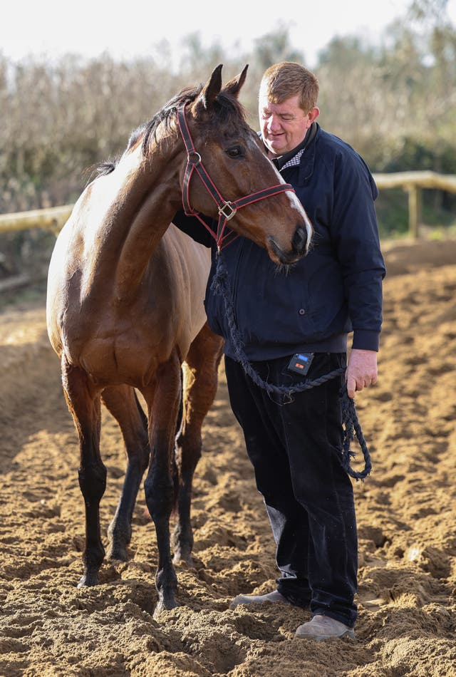 John ‘Shark’ Hanlon with Hewick during a visit to Shark Hanlon’s yard at Bagenalstown in County Carlow 