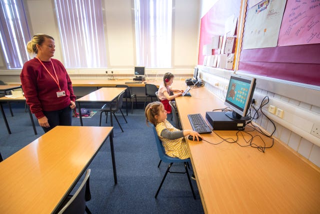 The children of key-workers comply with social distancing rules at a hub school for Edinburgh city centre pupils at Drummond Community High School 