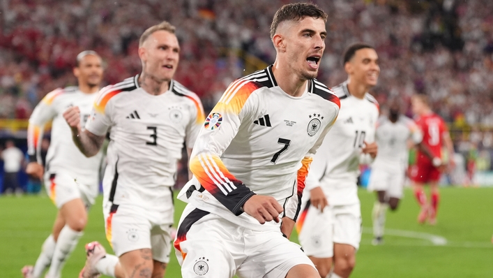 Germany’s Kai Havertz celebrates after opening the scoring in their round-of-16 victory against Denmark at Euro 2024 (Bradley Collyer/PA)