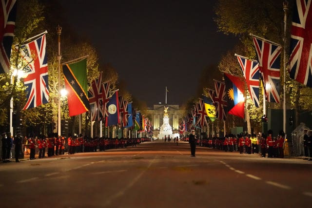 A night time rehearsal in central London for the coronation of King Charles III, which will take place this weekend. Picture date: Wednesday May 3, 2023