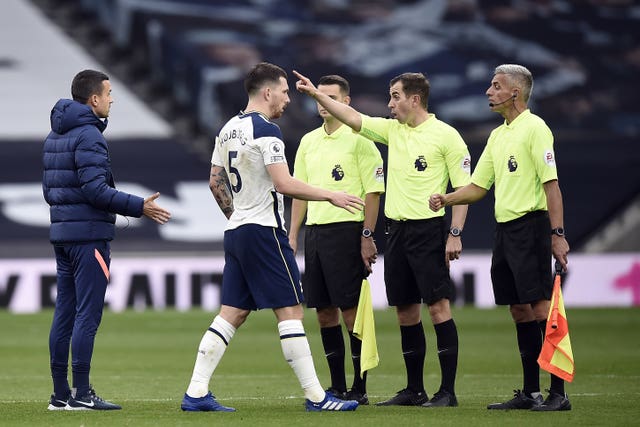 Tottenham's Pierre-Emile Hojbjerg approaches referee Peter Bankes after a dramatic conclusion to the 1-1 draw with Newcastle