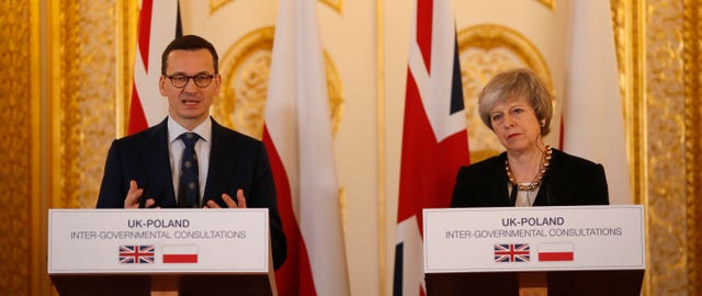 Theresa May and Polish prime minister Mateusz Morawiecki during the  press conference