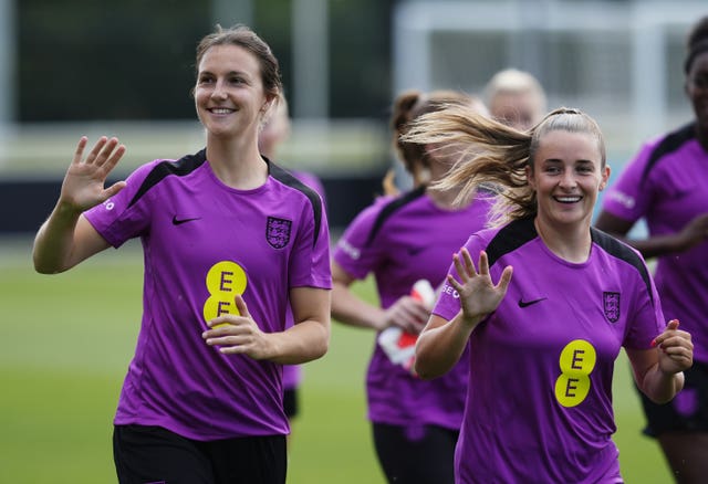 England’s Lotte Wubben-Moy and Ella Toone during a training session at St George’s Park, Burton upon Trent. 