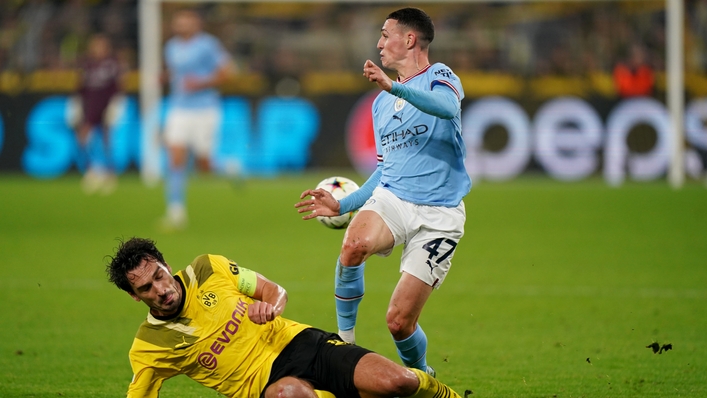 Manchester City’s Phil Foden is thwarted as his side and Borussia Dortmund played out a goalless draw at Signal Iduna Park (Tim Goode/PA)
