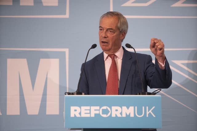 Nigel Farage at a Reform press conference