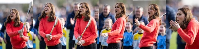 A composite image of the Duchess of Cambridge trying her hand at hurling at Salthill Knocknacarra GAA Club in Galway