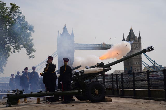 Members of the Honourable Artillery Company fire a gun royal salute at the Tower of London, to mark Accession Day, the first anniversary of the King's accession to the throne and to mark the first anniversary of the death of Queen Elizabeth II 