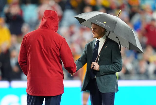 Andy Farrell and Australia coach Joe Schmidt shake hands during the final Test 