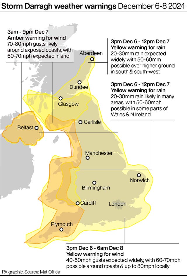 Map showing Storm Darragh weather warnings December 6-8 2024.