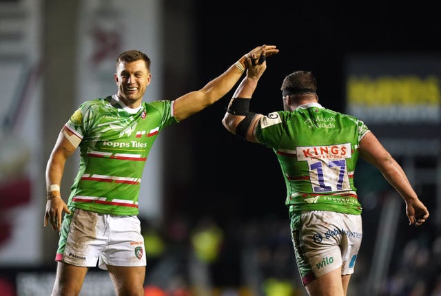 Leicester Tigers’ Handre Pollard and James Cronin celebrate Champions Cup victory over Stormers