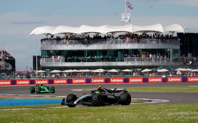 Mercedes’ Lewis Hamilton leads at Silverstone Circuit, Northamptonshire