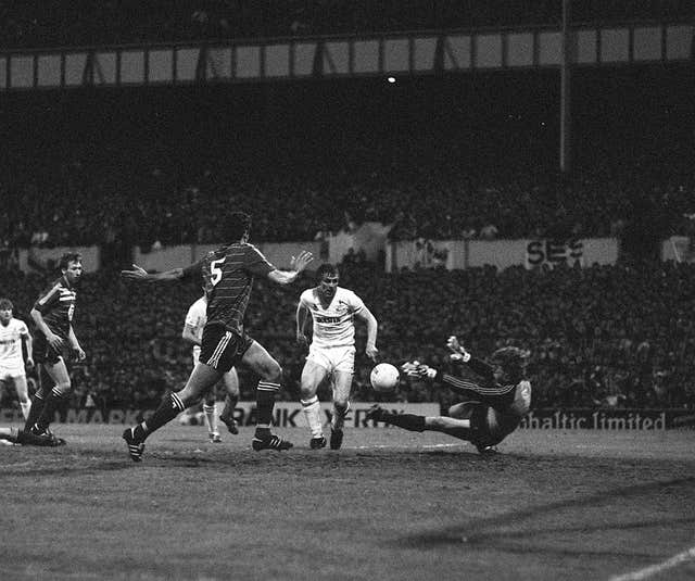 Graham Roberts, centre, scores for Tottenham in the 1984 UEFA Cup final against Anderlecht