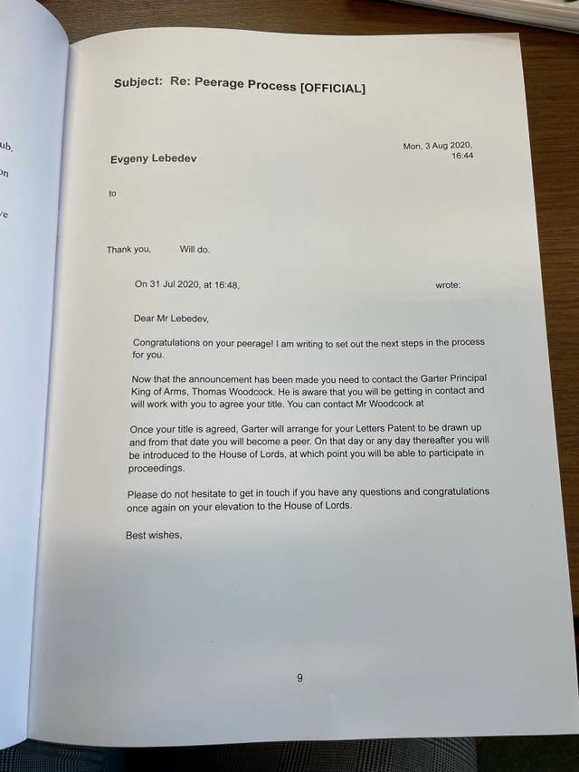 A letter congratulating Lord Lebedev on his peerage