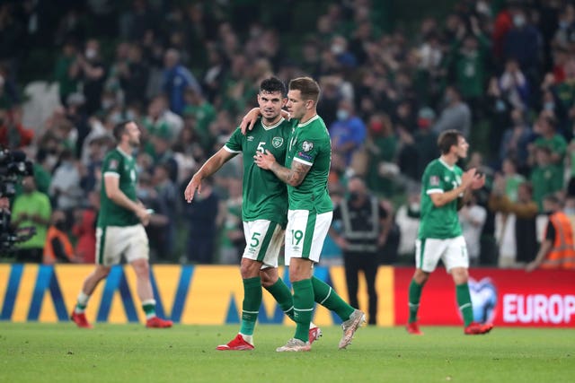 Republic of Ireland’s John Egan (left) and James Collins celebrate a 1-1 draw with Serbia earlier this month