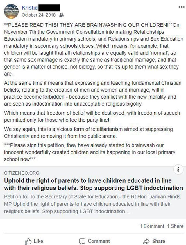 Mrs Higgs shared a second post to her Facebook friends raising concerns about the teaching of LGBT+ relationships in primary schools (Christian Legal Centre/PA).