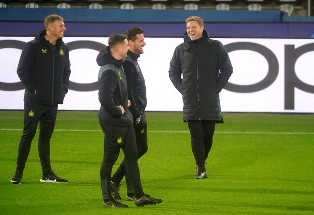 Newcastle head coach Eddie Howe and his staff during training at the Parc des Princes