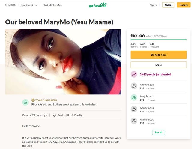 The GoFundMe page set up to raise funds for the family of Mary Agyeiwaa Agyapong (GoFundMe/PA)