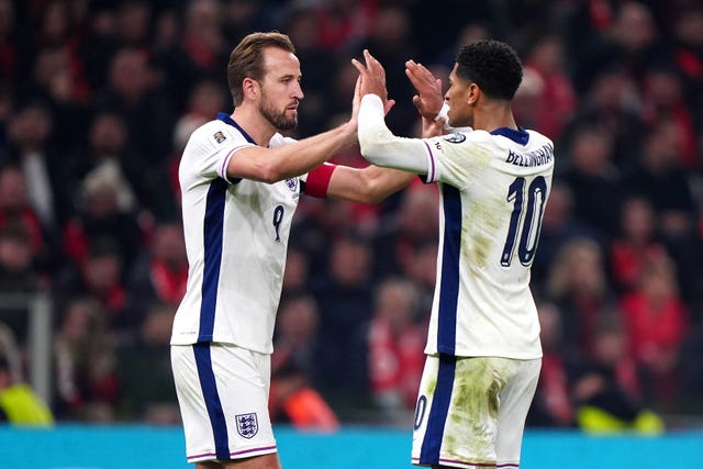  England’s Harry Kane (left) celebrates scoring their side’s second goal of the game with team-mate Jude Bellingham during the FIFA World Cup European Qualifying match