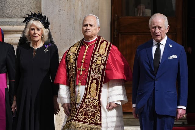 The King and Queen with Pope Leo XIV during their state visit to the Vatican
