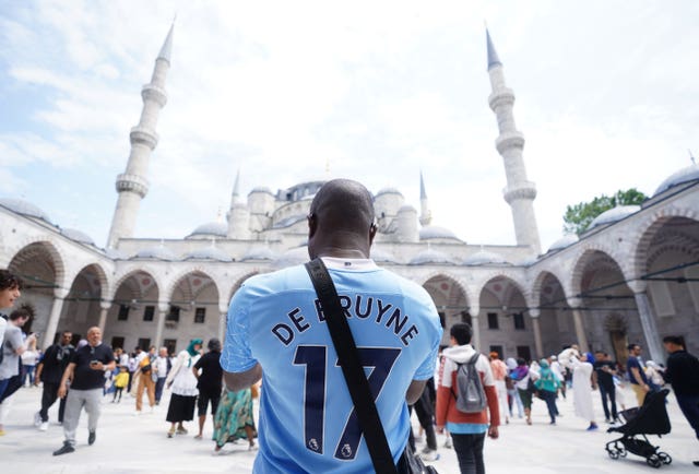 Man City fans at the Blue Mosque in Istanbul, ahead of Saturday’s Champions League final between Manchester City and Inter Milan at the Ataturk Olympic Stadium 
