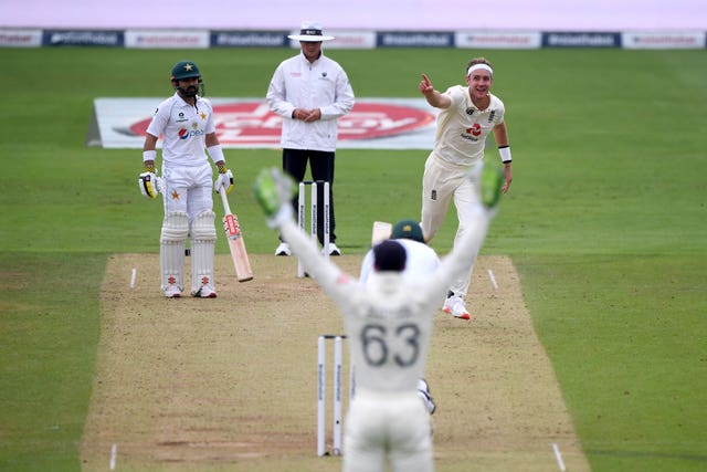 England's Stuart Broad celebrates taking the wicket of Pakistan's Mohammad Abbas