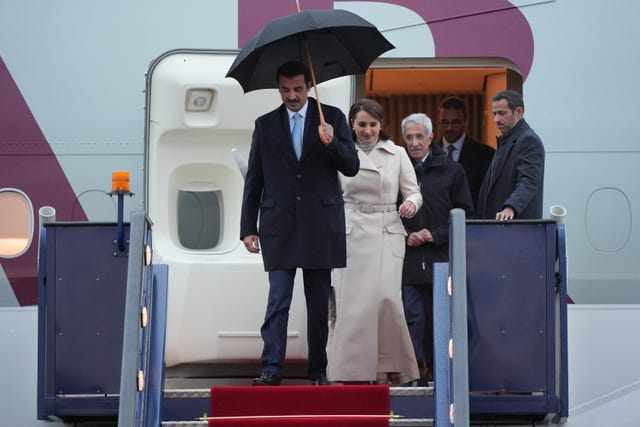 The Emir of Qatar Sheikh Tamim bin Hamad Al Thani, and Sheikha Jawaher, arrive at Stansted Airport in Essex, for a state visit hosted by the King