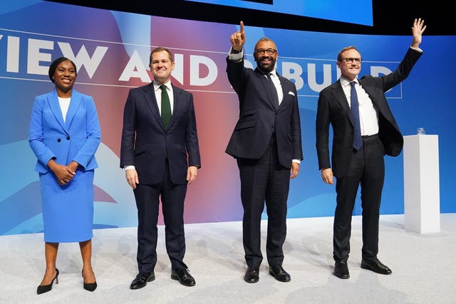 Kemi Badenoch faces (left-right) Robert Jenrick, James Cleverly and Tom Tugendhat in the Conservative Party leadership race - pictured standing side by side on stage