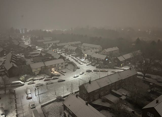 Snow covers the landscape in Handforth