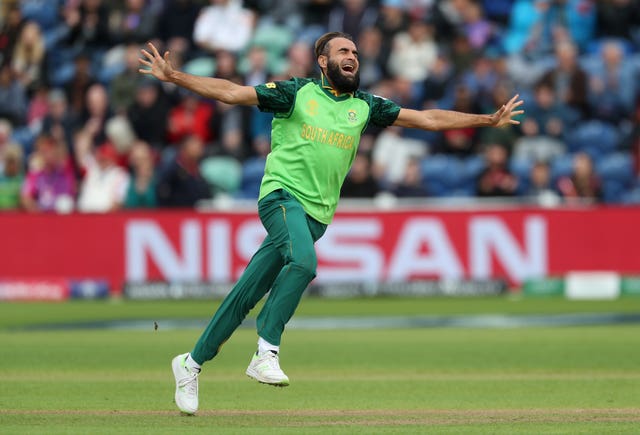 Imran Tahir celebrates taking a wicket against Afghanistan as South Africa won by nine wickets 