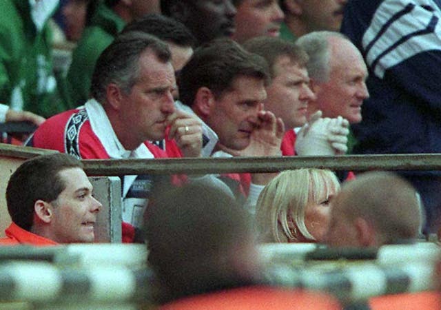 After moving into coaching with Spurs, Clemence went on to become part of the England back-room staff under manager Glenn Hoddle (centre)