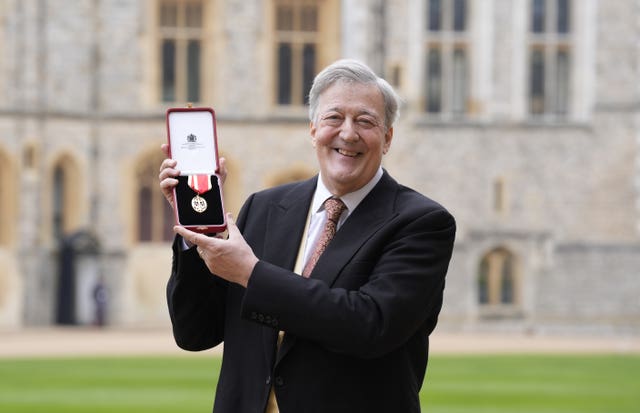 Sir Stephen Fry after being made a Knight Bachelor at an Investiture ceremony at Windsor Castle