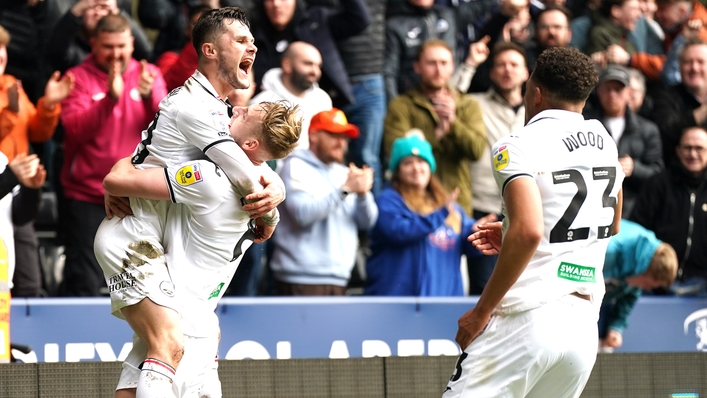 Swansea’s Liam Cullen (left) celebrates scoring his side’s first goal in their 2-0 victory over Bristol City (Nick Potts/PA)