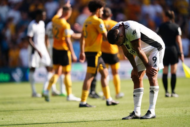 Fulham’s Aleksandar Mitrovic reacts after the final whistle at Wolves